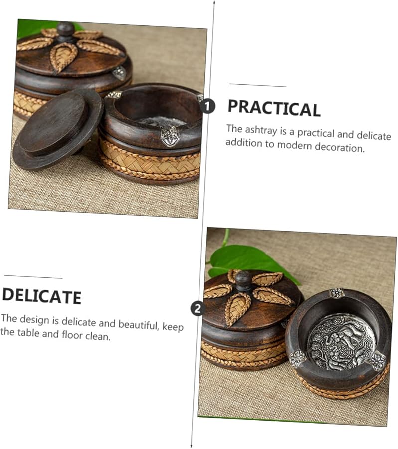 Thai Solid Wood Ashtray With Lid Handmade Decorative Smoking Ash Tray Cigar Holder Southeast Asian Style 10CM Diameter - Image 5
